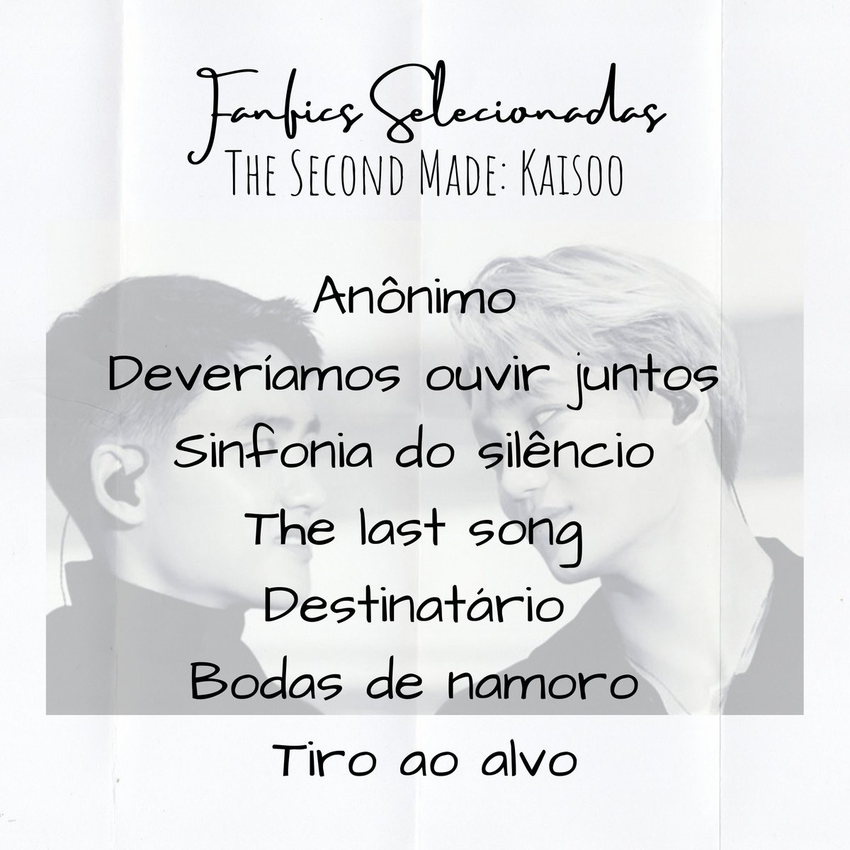 ExoMade's tweet photo. [#ExoMade] Fanfics selecionadas que irão compor o livro "The Second Made: Kaisoo"

#ExoMade #TheSecondMade #Kaisoo https://t.co/1zY45IYwyJ
