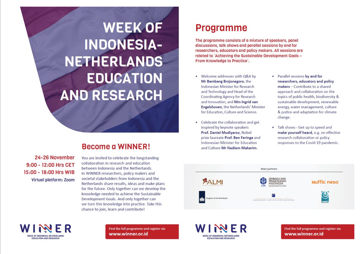 Beerkens's tweet photo. In WINNER researchers, policy makers and
societal stakeholders from Indonesia and the
Netherlands share results, ideas and make plans
for the future. Develop the knowledge needed to achieve the #SDGs. See https://t.co/ISrpdmOsIh #winnerconference @WOTRO https://t.co/1CQhyIqrSW