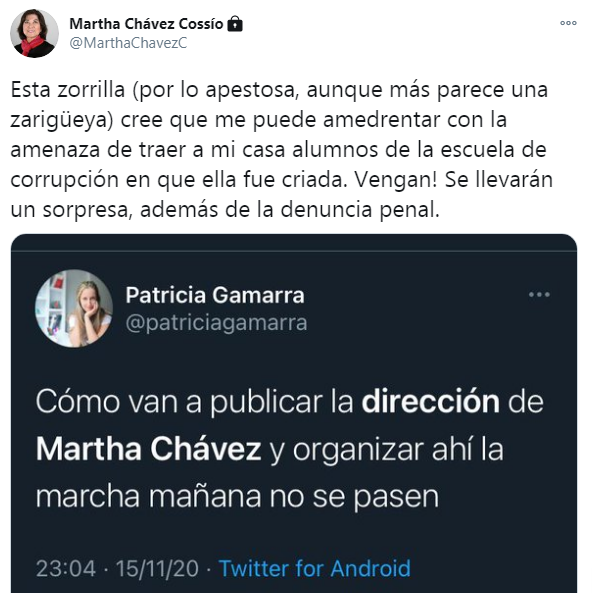 patriciagamarra's tweet photo. Sí. Confirmo que Martha Chávez me está amenazando. Dejo constancia. https://t.co/f9DEiikwFR