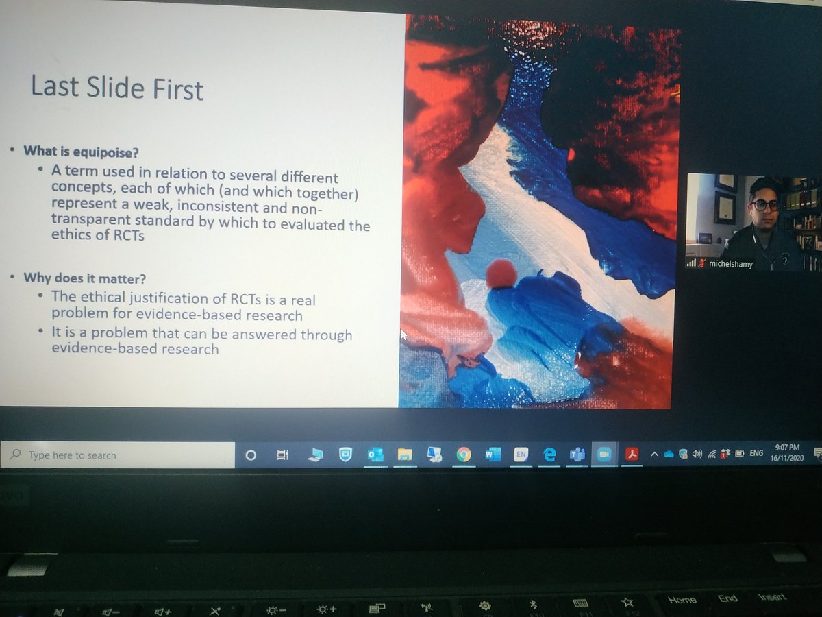 'A badly done trial is a wasteful trial& a wasteful trial is an unethical trial.' Dr Michelshamy frm Ottawa hosp shares his thoughts on ethical justification 4 RCTs thru #evidencebasedresearch 
Also seen is d #amazingart by his kids 😍
#EBRconf2020 @GeorgeInstIN @DrSoumyadeepB