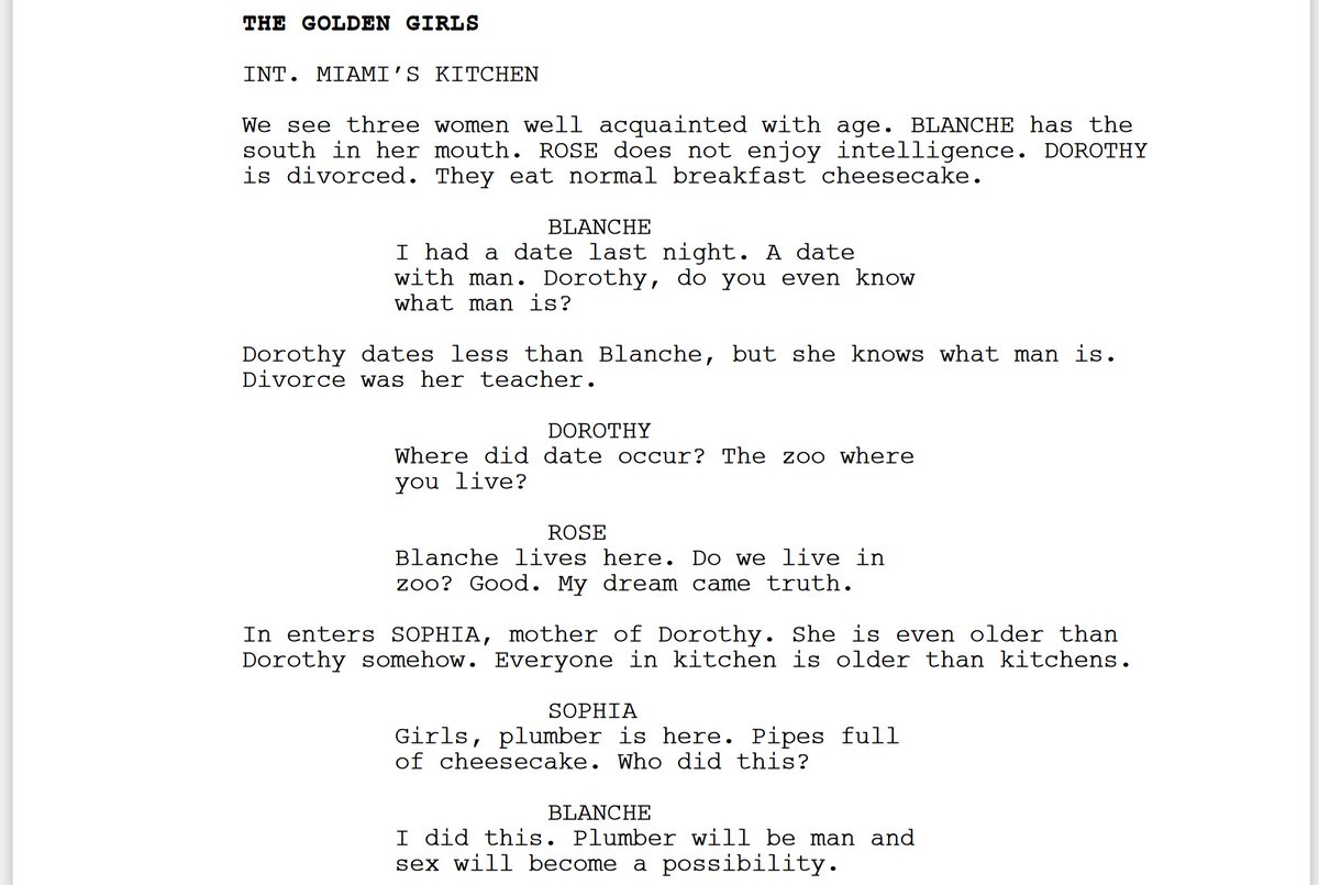 KeatonPatti's tweet photo. I forced a bot to watch over 1,000 hours of The Golden Girls and then asked it to write an episode of The Golden Girls of its own. Here is the first page. https://t.co/fRlKwxDvhF