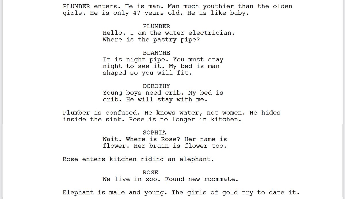 KeatonPatti's tweet photo. I forced a bot to watch over 1,000 hours of The Golden Girls and then asked it to write an episode of The Golden Girls of its own. Here is the first page. https://t.co/fRlKwxDvhF