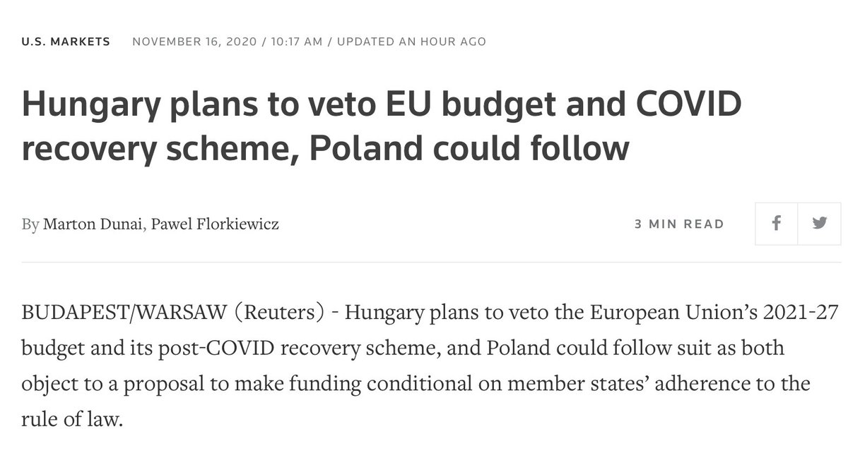 1/ Today’s big news is that Hungary will veto the next EU budget over its rule of law conditionalty.Hungary has been increasingly using its veto power in the EU in recent years, however, these were under-the-radar issues for the general public. Here are some of them. Thread.