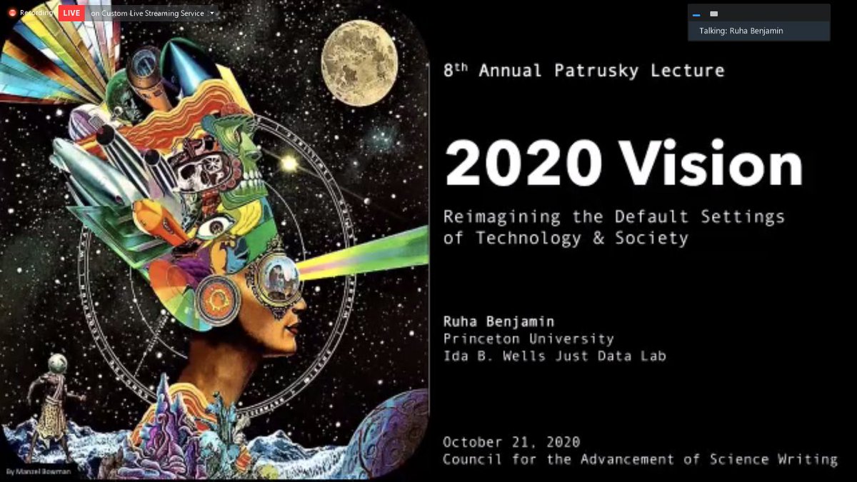 This year, I covered the @ScienceWriters annual Patrusky by sociologist Ruha Benjamin (@ruha9) exploring the way technology upholds narratives of racism and anti-Blackness.

Read my story here->casw.org/newsroom-2020/…

@ComSciConSciWri #SciWri20 #PatruskyLecture