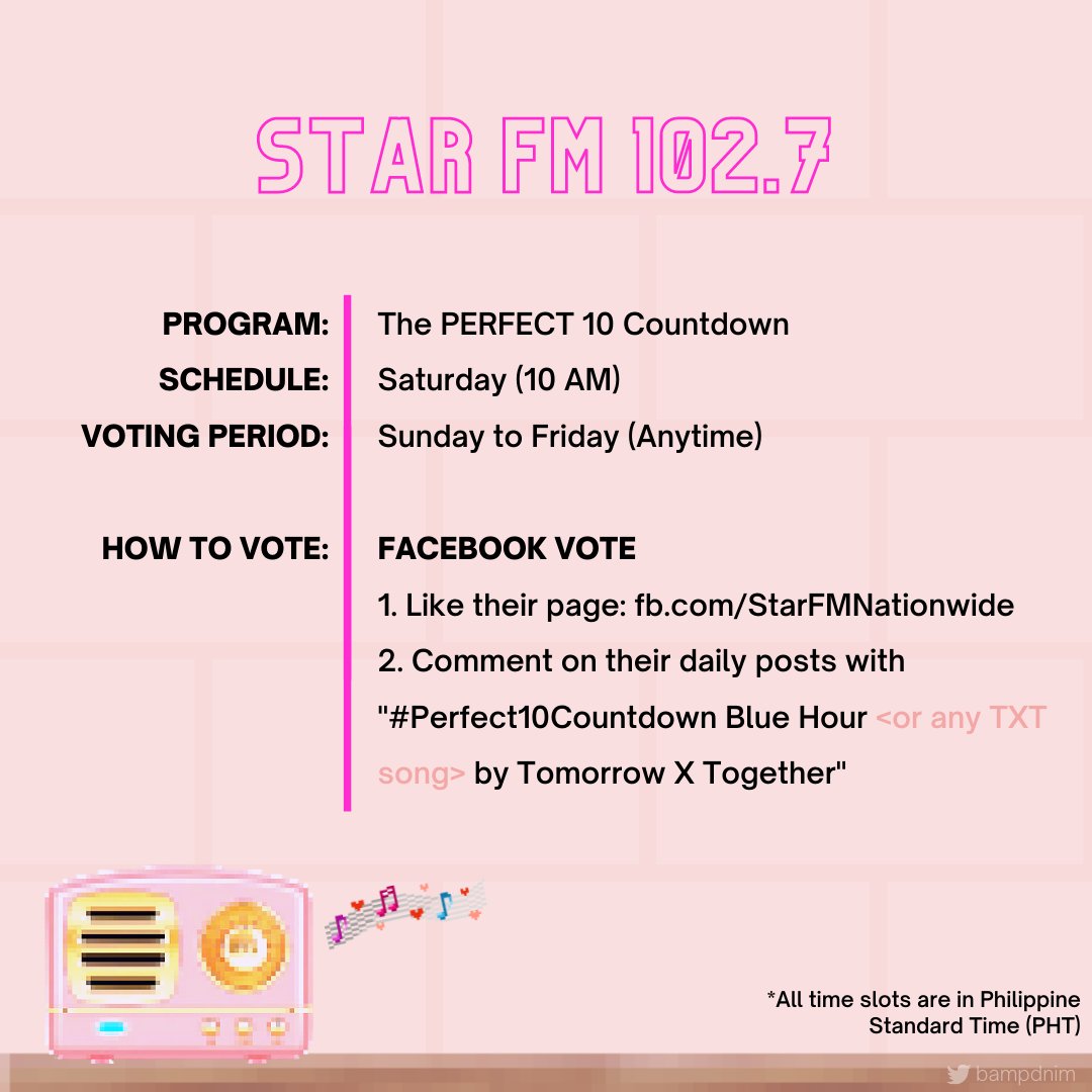 Star FM 102.7 Click to vote:  http://ctt.ac/61CNB&nbsp; Like their FB page:  http://fb.com/StarFMNationwide and follow the instructions below Listen live:  http://bomboradyo.com/streaming/&nbsp; #TXTonAir  @TXT_members