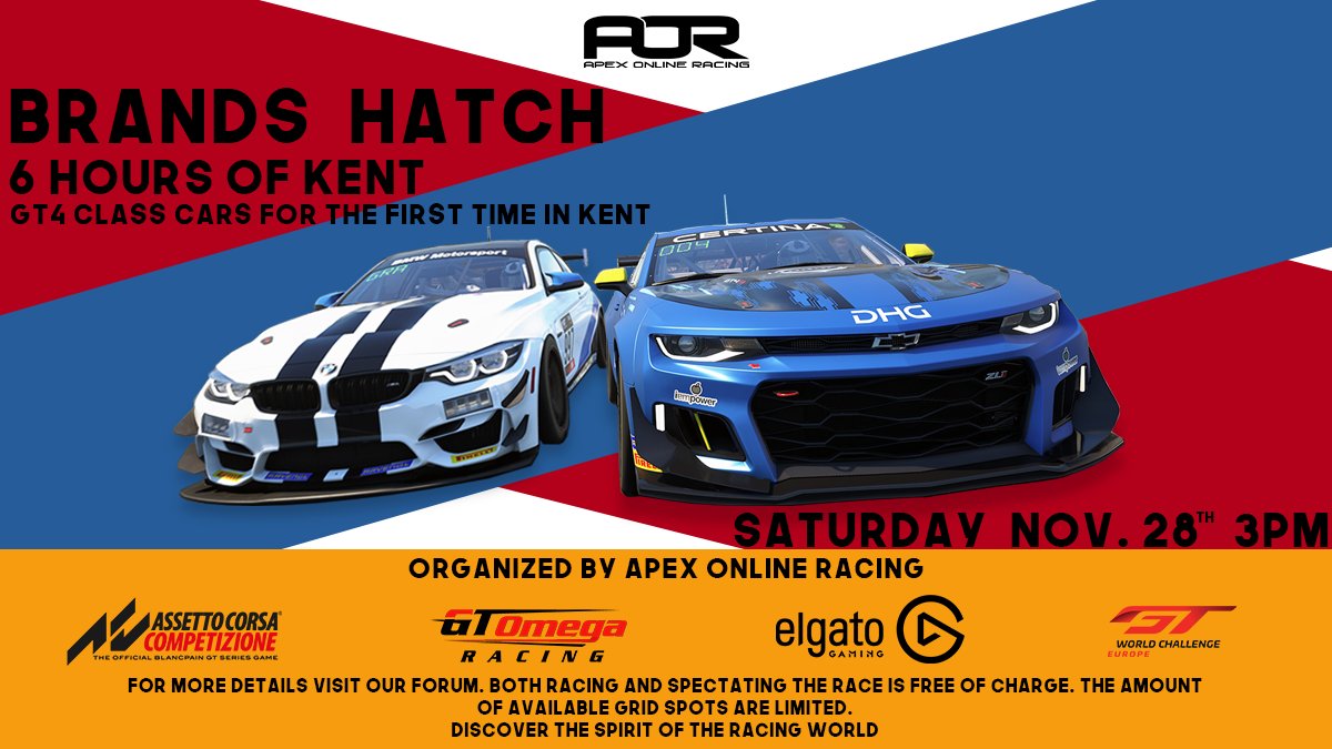 ApexOnRacing's tweet photo. On the 28th of November, we will be hosting our next #AORACC endurance event: The 6 hours of Kent on the famous Brands Hatch circuit!

Signups will remain open until November 21st. Click the link below to read more about the event and sign up! #beACC 

📝 https://t.co/JoCoJ94hPe https://t.co/HLEWBejIiW