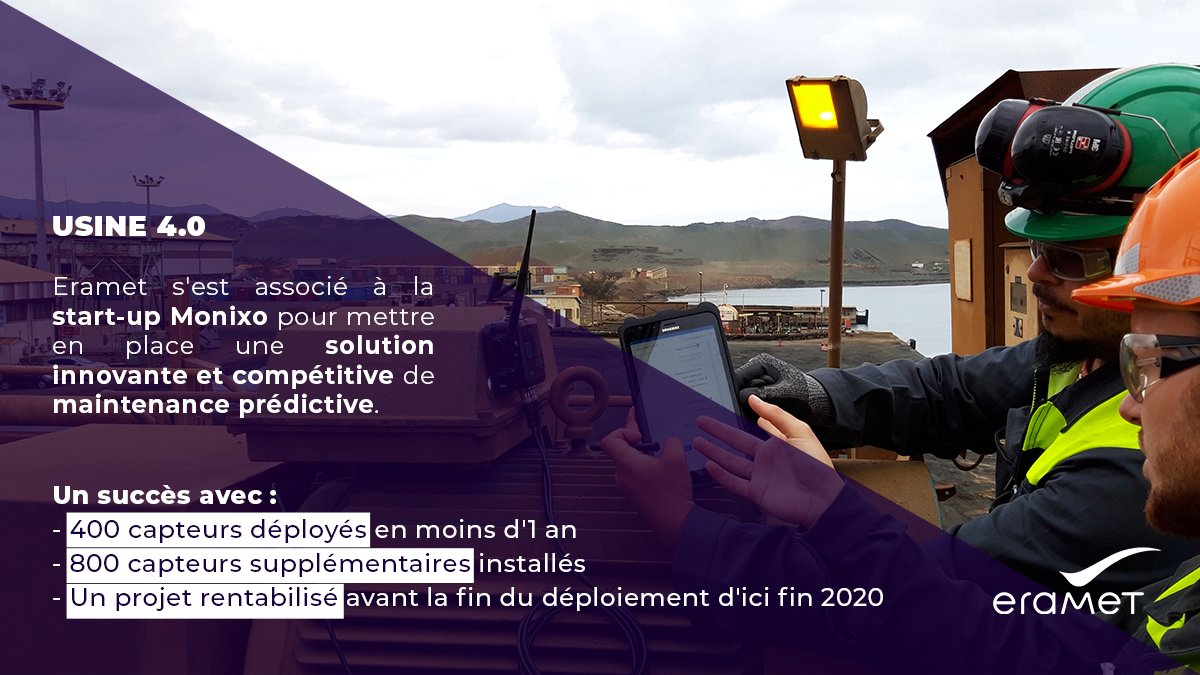 GroupeEramet's tweet photo. 🏭 Éviter des pannes dans nos usines, en particulier dans les zones reculées, c'est l'enjeu de la solution de #MaintenancePredictive mise en place avec la #StartUp @MonixoSAS.
A découvrir dans l'@usinenouvelle 👉 https://t.co/X1sOFxcG5P
#IoT #ArtificialIntelligence #Usine40 https://t.co/Th3FodxGmM