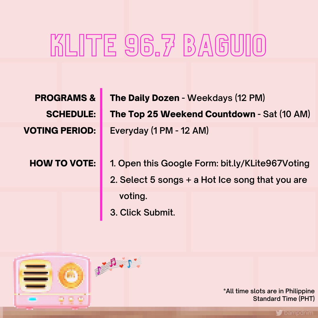 KLite 96.7 Baguio Click to request:  http://ctt.ac/3cbS0&nbsp; Like their FB page:  http://fb.com/klite967fm&nbsp; and PM them If Blue Hour or any TXT song is nominated for TDD, vote here:  http://bit.ly/KLite967Voting&nbsp;  Listen live:  http://klite967fm.caster.fm/&nbsp; #TXTonAir  @TXT_members