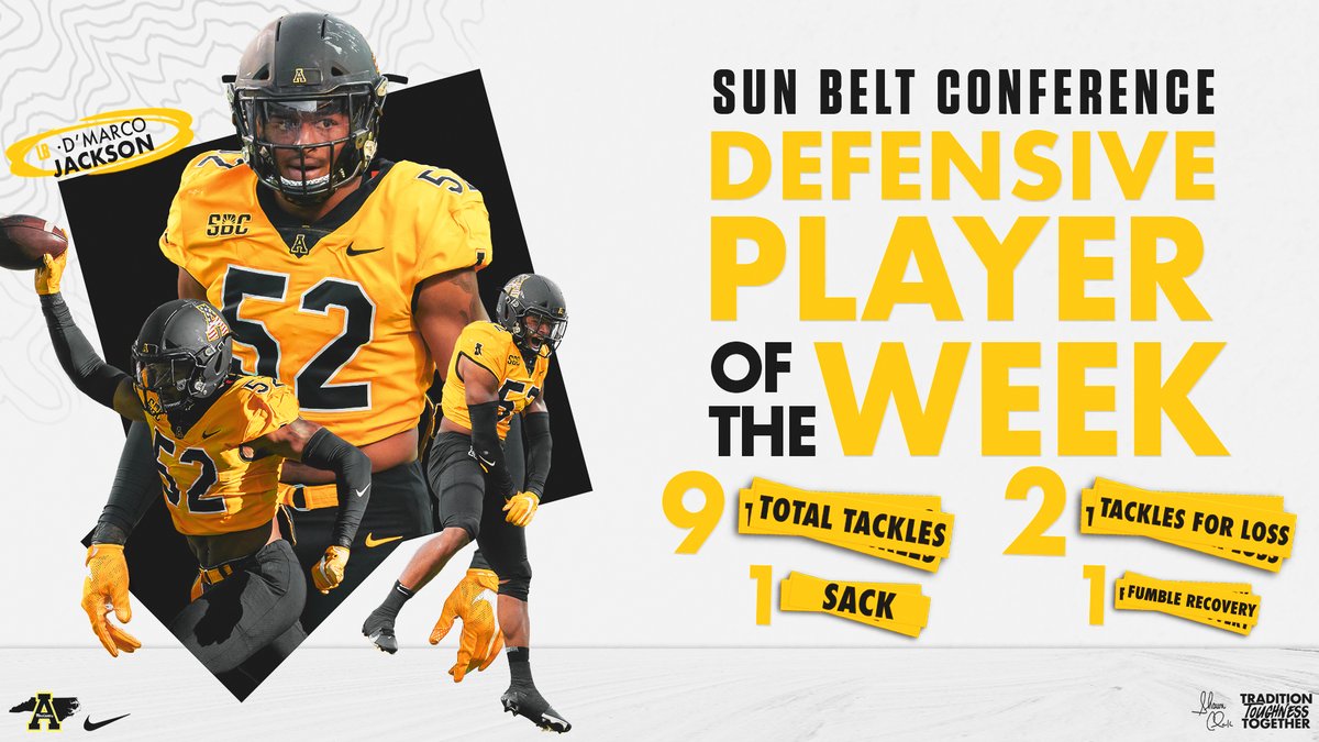 AppState_FB's tweet photo. Congrats to @DMarcojackson20 on being named the @SunBelt Defensive Player of the Week and the National Defensive MVP of the Week by PFF! #GoApp

Jackson's 9 tackles included 6 for loss or no gain, including a sack. He recovered a fumble and had 2 PBUs.

🔗 https://t.co/24r0cc8NiK https://t.co/UpDVpduOBV