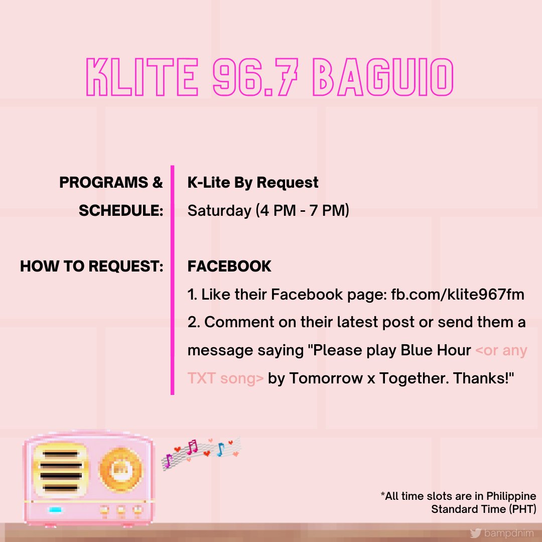 KLite 96.7 Baguio Click to request:  http://ctt.ac/3cbS0&nbsp; Like their FB page:  http://fb.com/klite967fm&nbsp; and PM them If Blue Hour or any TXT song is nominated for TDD, vote here:  http://bit.ly/KLite967Voting&nbsp;  Listen live:  http://klite967fm.caster.fm/&nbsp; #TXTonAir  @TXT_members