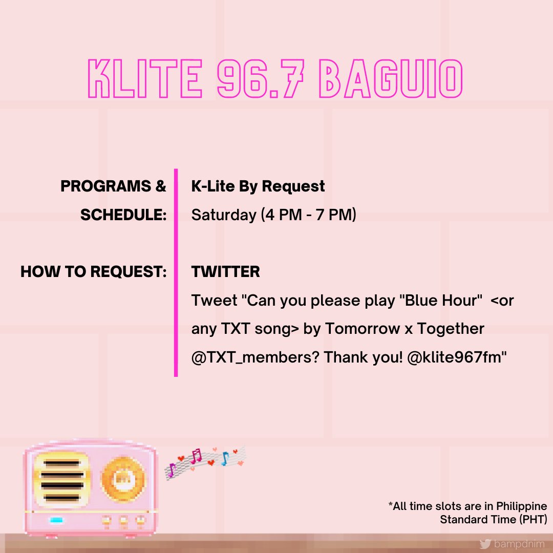KLite 96.7 Baguio Click to request:  http://ctt.ac/3cbS0&nbsp; Like their FB page:  http://fb.com/klite967fm&nbsp; and PM them If Blue Hour or any TXT song is nominated for TDD, vote here:  http://bit.ly/KLite967Voting&nbsp;  Listen live:  http://klite967fm.caster.fm/&nbsp; #TXTonAir  @TXT_members