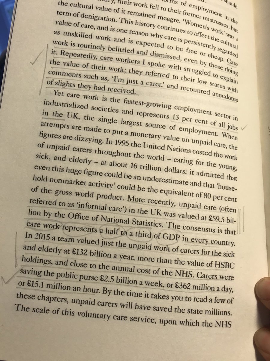 Evalyn7's tweet photo. I know โ pencilling notesโ but seriously: #carework represents 1/2-1/3 of GDP according to โ95 UN study. #Carers โsave public purseโ ยฃ15.1 million an hour & โCaptilism was built on ignoring & marginalising the care work of women. #Mustread #LaboursofLove #LivingWageforCarers https://t.co/pMpYD0M1y5