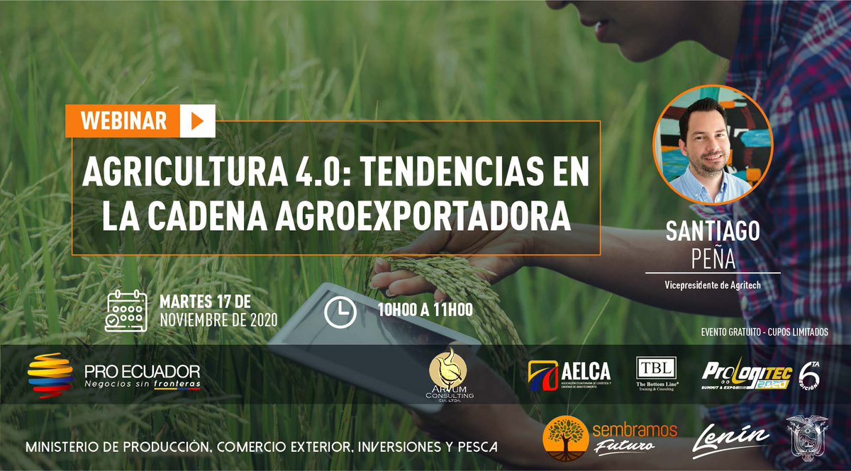 ProEcuador_'s tweet photo. #CapacítateEnCasa 👨🏻‍💻 l Invitamos al sector agroexportador a obtener conocimientos sobre las nuevas tendencias y exigencias del mercado que influirán en cada uno de los participantes de la cadena productiva.

🗓 Martes 17 de noviembre 

Registros: 
https://t.co/wd67vrptDZ https://t.co/go6TMzy5Su