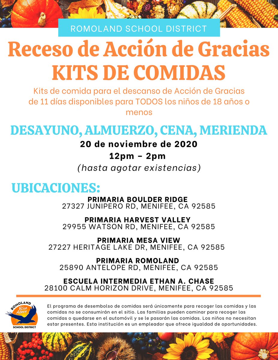 RomolandSD's tweet photo. FREE 11-day Thanksgiving Break Meal Kits will be available for ALL children 18 years and younger at all school sites on Friday, November 20, 2020, from 12pm – 2pm (while supplies last)! 

View the flyer below for details ⬇️ https://t.co/hJ7cMUsa10