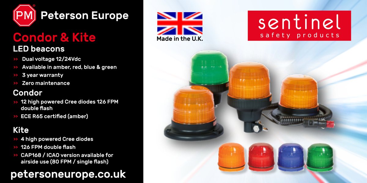 Our popular energy efficient UK manufactured Condor and Kite LED beacon ranges are available in amber, blue, red and green. For further information visit petersoneurope.co.uk

#PetersonEurope #LEDLighting #LEDBeacons #VehicleLighting #SafetyLighting #CondorBeacons #KiteBeacons