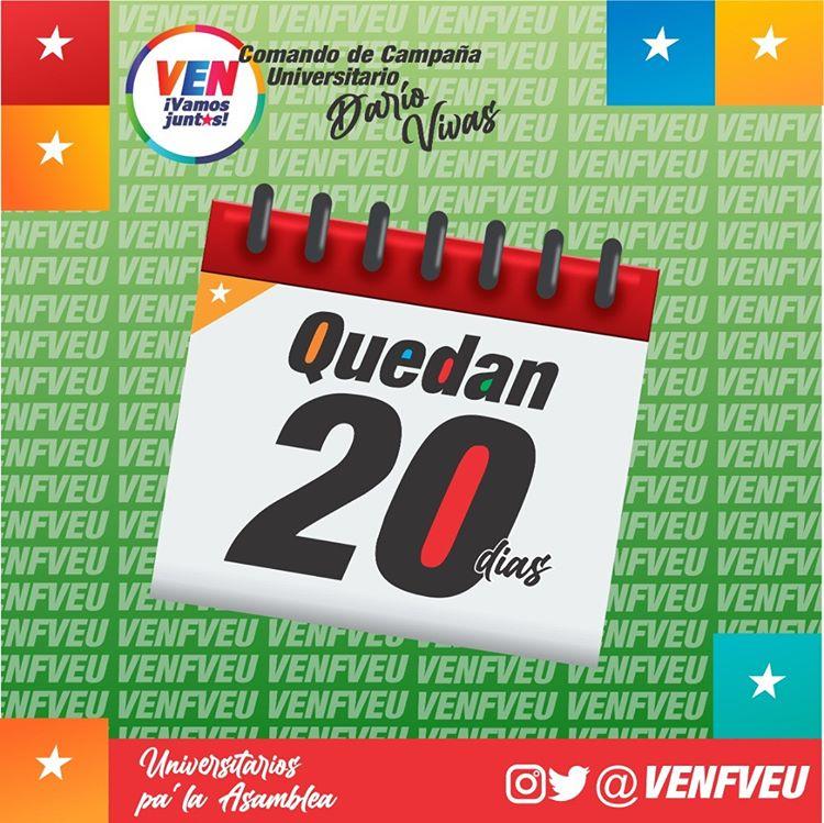 Solo 20 días Nos Separa de la Gran Victoria por ello <a href="/venfveu/">VenFVEU</a> y seamos parte de la Historia JUNTOS!!!

<a href="/nicolasmaduro/">Nicolás Maduro</a>
@delcyrodriguezven
<a href="/cesartrompizve/">Cesar Trompiz</a>
@maduroguera
<a href="/rodbexa/">Rodbexa</a>
@fveuoficial
<a href="/kennedymorales/">Kennedy Morales</a>
<a href="/taniapsuv/">Tania Valentina Díaz</a>
<a href="/venjuventud2020/">Comando de Campaña Juventud DaríoVivas</a>
<a href="/juventudpsuv/">Juventud PSUV</a>
<a href="/PartidoPSUV/">PSUV</a>