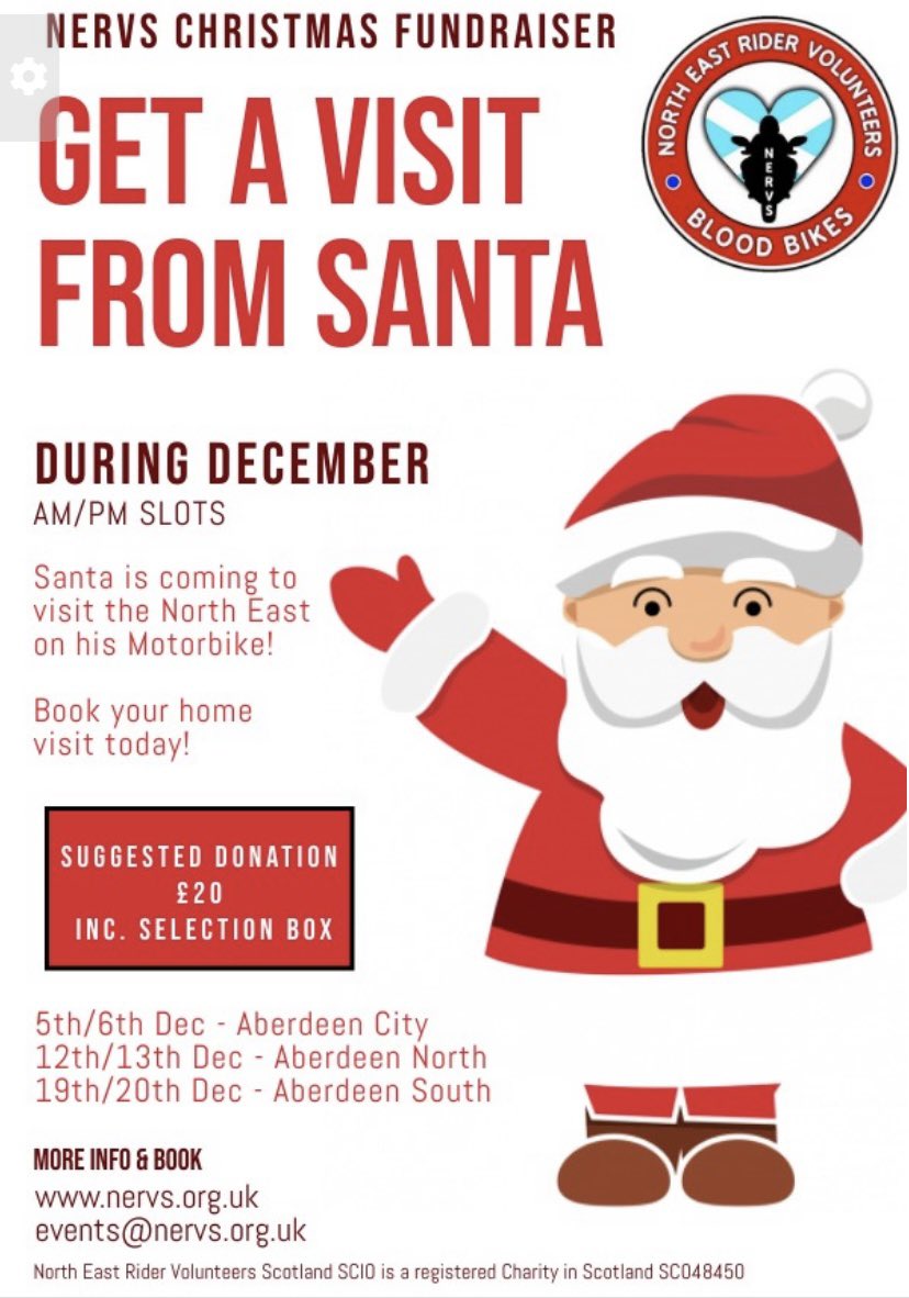 We are excited to launch our Christmas Fundraiser!  
Santa &amp; Friends are coming to visit the North East on their motorbikes.
 
Suggested donation £20 and includes selection box.
To book please visit nervs.org.uk - places are limited so don’t delay!
#visitfromsanta