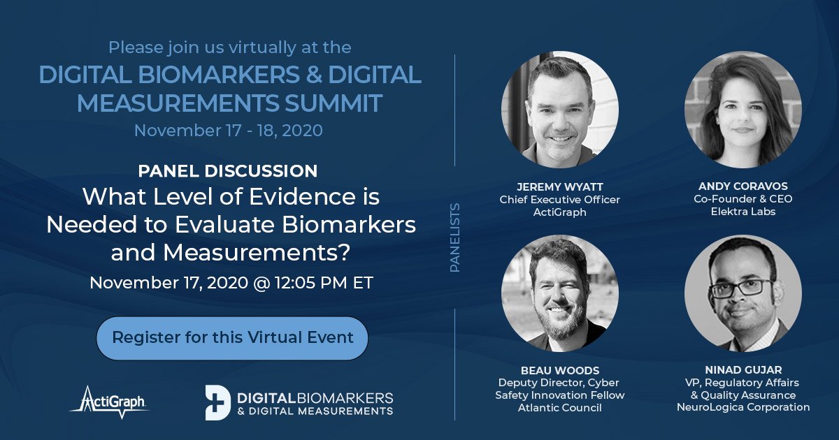 actigraph's tweet photo. Please join us tomorrow! Jeremy Wyatt, ActiGraph CEO, &amp; experts from 
@ElektraLabs, @AtlanticCouncil, &amp; @SamsungHealthUS will join the discussion and Q&amp;A session, "What Level of Evidence is Needed to Evaluate Biomarkers and Measurements?” https://t.co/TRyk3gujy2 https://t.co/ChrjToEJ8t
