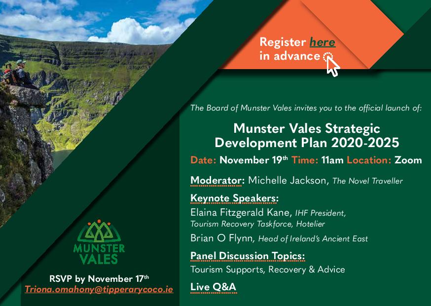 3 days to go until the Official Launch of Munster Vales Strategic Development Plan 2020-2025.
We look forward to sharing our inspiring plans with you, a great line-up of speakers, live Q&amp;A &amp; panel discussion on #tourismrecovery. Register here 👉 bit.ly/35piZgi