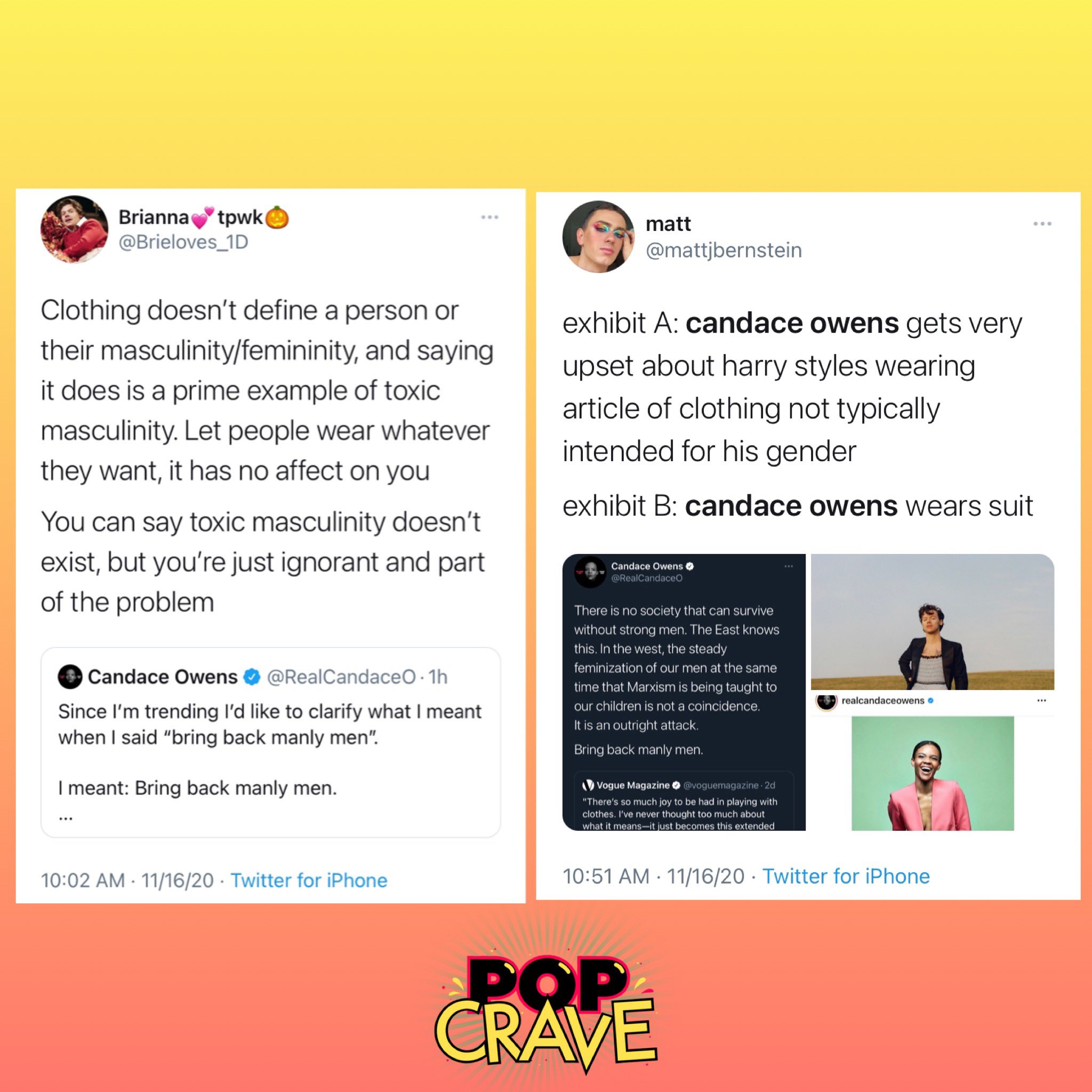 Pop Crave Harry Styles Defended By Fans After Candace Owens Dissed Him For Wearing A Dress On The Cover Of Vogue