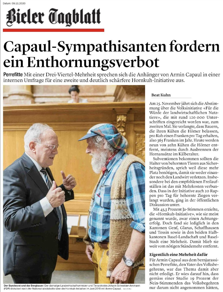 IGHornkuh's tweet photo. Artikel aus dem Bieler Tagblatt: 
Capaul Sympathisanten fordern Enthornungsverbot.

#hornkuh https://t.co/SHgoWvCwYm