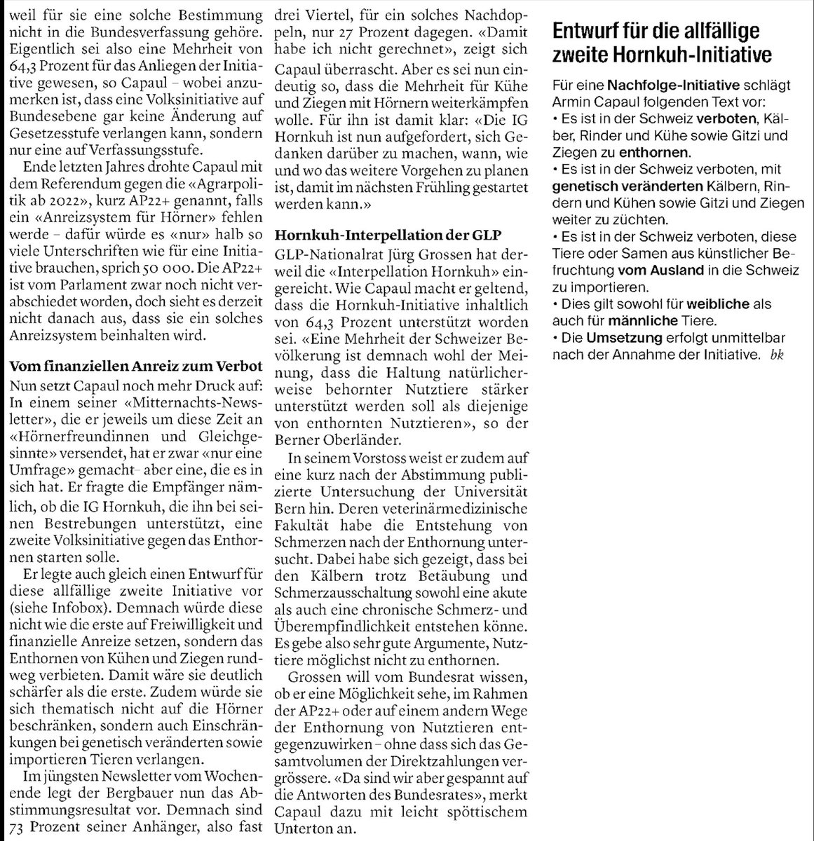IGHornkuh's tweet photo. Artikel aus dem Bieler Tagblatt: 
Capaul Sympathisanten fordern Enthornungsverbot.

#hornkuh https://t.co/SHgoWvCwYm