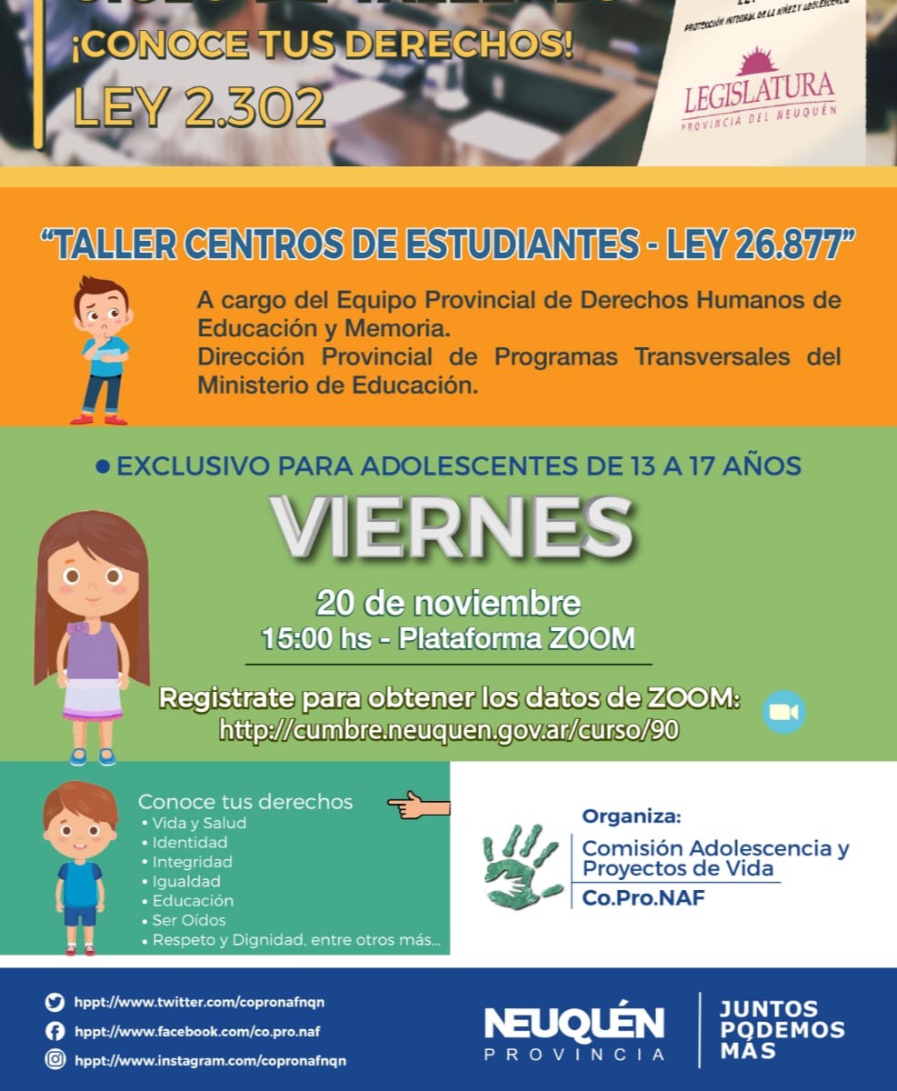 copronafnqn's tweet photo. Exclusivo para adolescentes de 13 a 17 años: "Taller  Centros de Estudiantes- Ley 26.877"
Viernes 20 de Noviembre, a las 15 hs, por Zoom.
Inscribite acá: https://t.co/uFbKCwARyv
#Copronaf
#Derechos https://t.co/fcL0uBkmjI