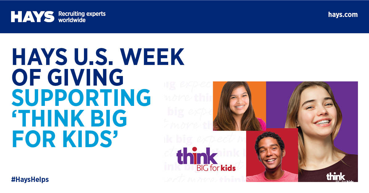 Today we kickoff our Week of Giving where we're partnering with Think Big for Kids through 5 virtual Career Showcases.   bddy.me/2IEUN0K #WorkingAtHays. #LifeAtHaysUS #HaysHelps #HaysWeekofGiving #ThinkBigforKids #ThinkBigExpectMore