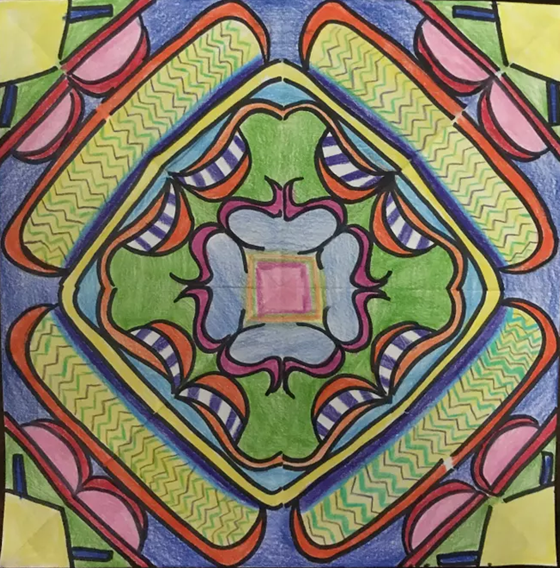 AliefHSArt's tweet photo. Art students @ElsikHighSchool just finished up these colorful kaleidoscope name designs in Ms. Panetti’s Art I classes.  Pictured from top left clockwise artwork by Daniela, Hannah, Sandy, and Katia. @aliefFineArts #AliefArtsMatter https://t.co/bXItCQcfMQ