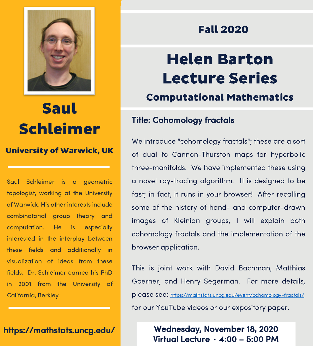 UNCGmathstats's tweet photo. Join us this Wednesday, November 18, 2020 (4-5pm) for a virtual Helen Barton Lecture with Dr. Saul Schleimer from the University of Warwick, UK. Email math_sci@uncg.edu for a link to this talk.
#uncgway #uncg #uncgmathstats #uncgmathstatstalk #HelenBartonLecture https://t.co/eiO1YCAWuh