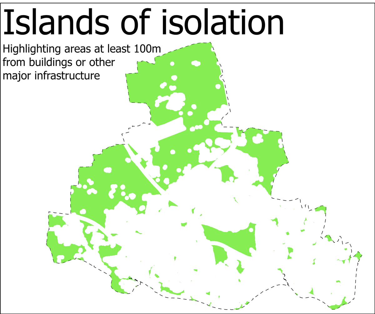 CaRobson's tweet photo. Islands of isolation - areas at least 100m from major buildings or infrastructure in Newcastle
#30DayMapChallenge #day16 #islands #5minutemap https://t.co/aZjA7w7ocj