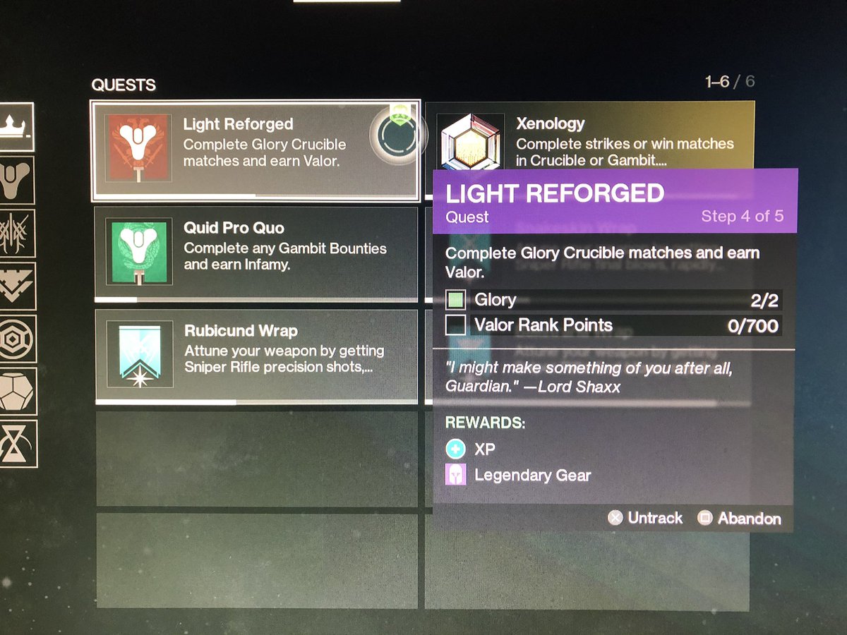 TxCDenali2012's tweet photo. @BungieHelp Valor does not seem to be counting towards light reforged quest step, even though I’m gaining valor and reset once already. FYI. https://t.co/Y14D42uNQM