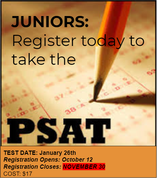 McNaryCCC's tweet photo. UPDATE:
Juniors, you have until NOVEMBER 30th to register for the January 26th PSAT. Cost is $17 
REGISTER: https://t.co/OTXNbWGw5B https://t.co/T2ISraOfIA