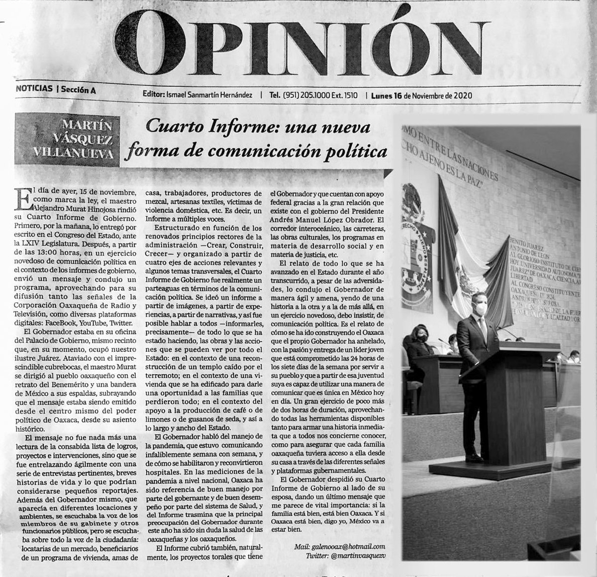martinvasquezv's tweet photo. Este #4toInformeOaxaca fue único; el Gdor. @alejandromurat relató las acciones coordinadas y lideradas ante la crisis y los retos para CREAR, CONSTRUIR y CRECER Oaxaca. Ese es el tema de mi artículo de este lunes, te invito a leerlo y compartirlo.
#CreciendoOaxaca https://t.co/hGrHT5doPQ