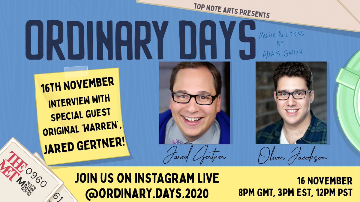 This is today!! Looking forward to chatting with <a href="/0liverJacobson/">Oliver Jacobson</a> about #OrdinaryDays, #BookofMormon, and whatever else might come up. Come join us on Instagram at 8pm GMT, 3pm EST, 12pm PST!

<a href="/TopNoteArts/">TopNoteArts</a>