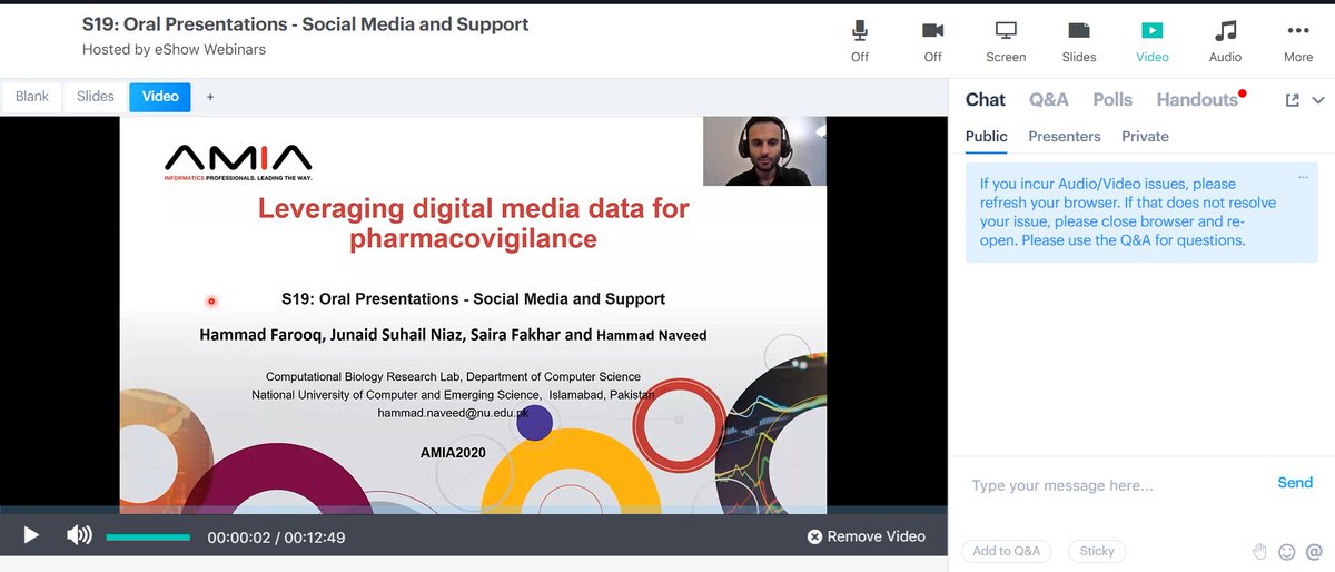 Just presented our exciting work "Leveraging digital media data for pharmacovigilance" at AMIA 2020. This paper is co-authored by Junaid Suhail Niaz and Saira Fakhar and was completed under the supervision of Dr.Hammad Naveed.
#AMIA2020 #s19 #Pharmacovigilance #adverseevent