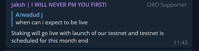 Testnet and staking will go live from this month end as confirmed by an ORO Supporter.  #ORO  #OpenDeFi  #ETH  #BTC    #Tezos