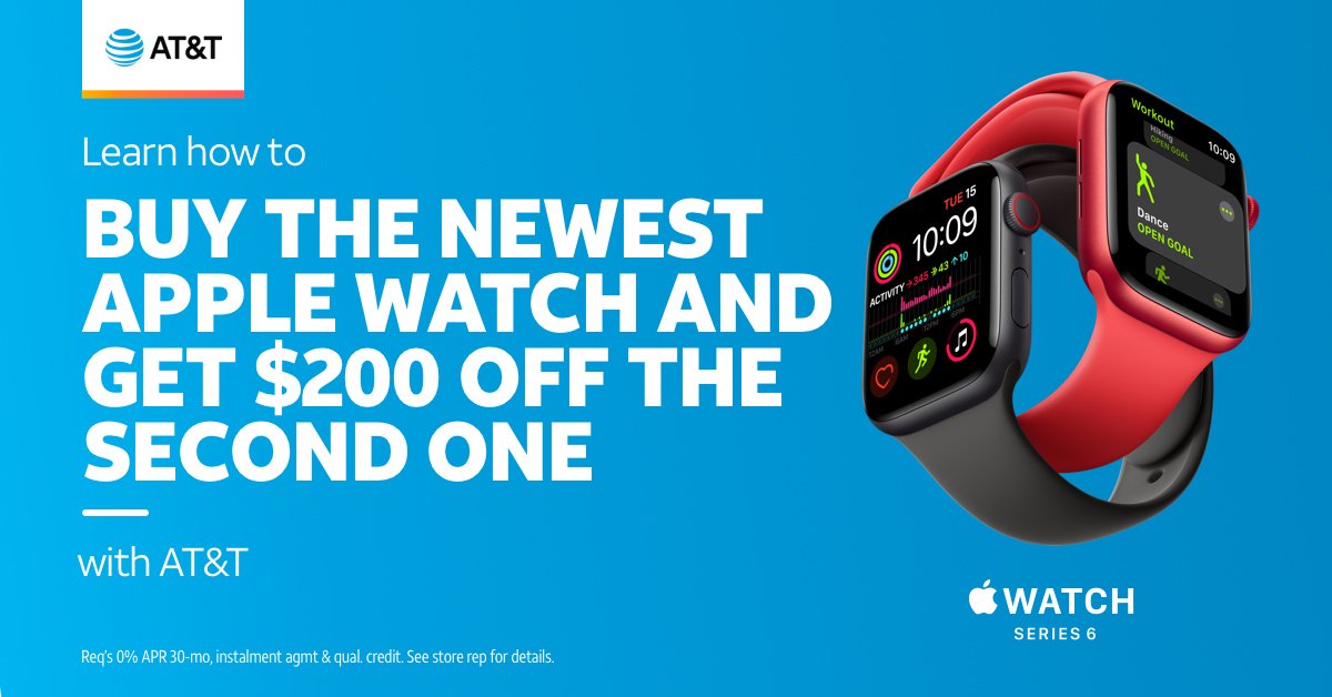 MaWalpole's tweet photo. Buy one #AppleWatch Series 6/SE &amp; get $200 off the 2nd when you add @ least one new line + activate postpaid service. Schedule an appointment at your local AT&amp;T Store to purchase by visiting https://t.co/LePiPdlnmf. #ATTVIP #Apple #AppleWatchSeries6 #AppleWatchSE #ATT #Deals https://t.co/hTLs6PxIrs