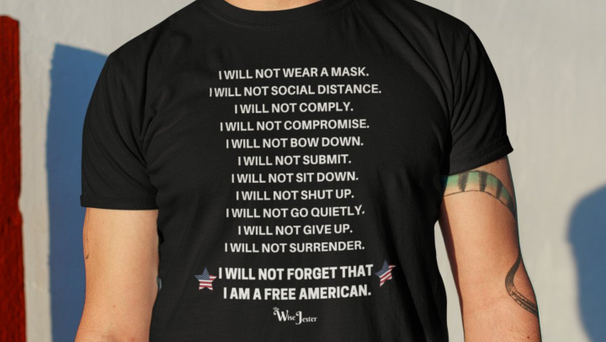 The_Wise_Jester's tweet photo. Take a stand. This shirt definitely makes a statement. Stand up for your freedom. 

#freedom #america #patriot #constitution #american #bornfree #freeamerican #iwillnotcomply #nomask #nolockdown #endtyranny #livefreeordie #civildisobedience #livelifeauthentically #thewisejester https://t.co/ahpSqRGXUi