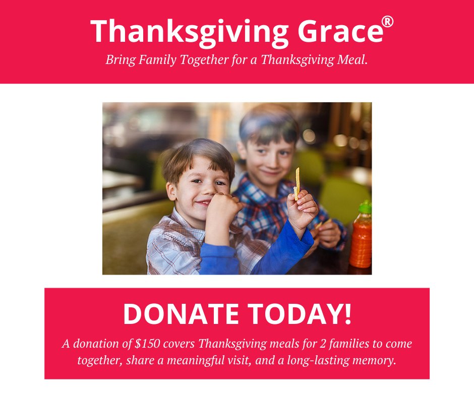 During the holiday season, children in foster care miss their families and the holiday traditions that many families have. 

A donation of $150 covers Thanksgiving meals for 2 families to come together and a long-lasting memory. Donate today: app.mobilecause.com/e/HfAKKw?vid=d…