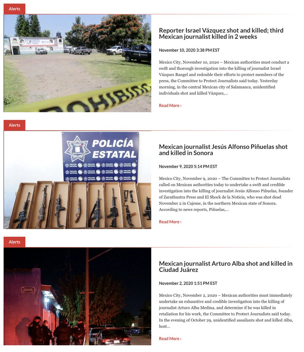 The last ~2 weeks have been particularly brutal for journalists all across  #Mexico.One killed Oct. 29 (Chihuahua), another murdered Nov. 2 (Sonora), yet another killed (Guanajuato) and 4 other journalists shot (Quintana Roo) Nov. 9, photojournalist kidnapped Nov. 15 (Sinaloa).  https://twitter.com/CPJAmericas/status/1328381292052930567