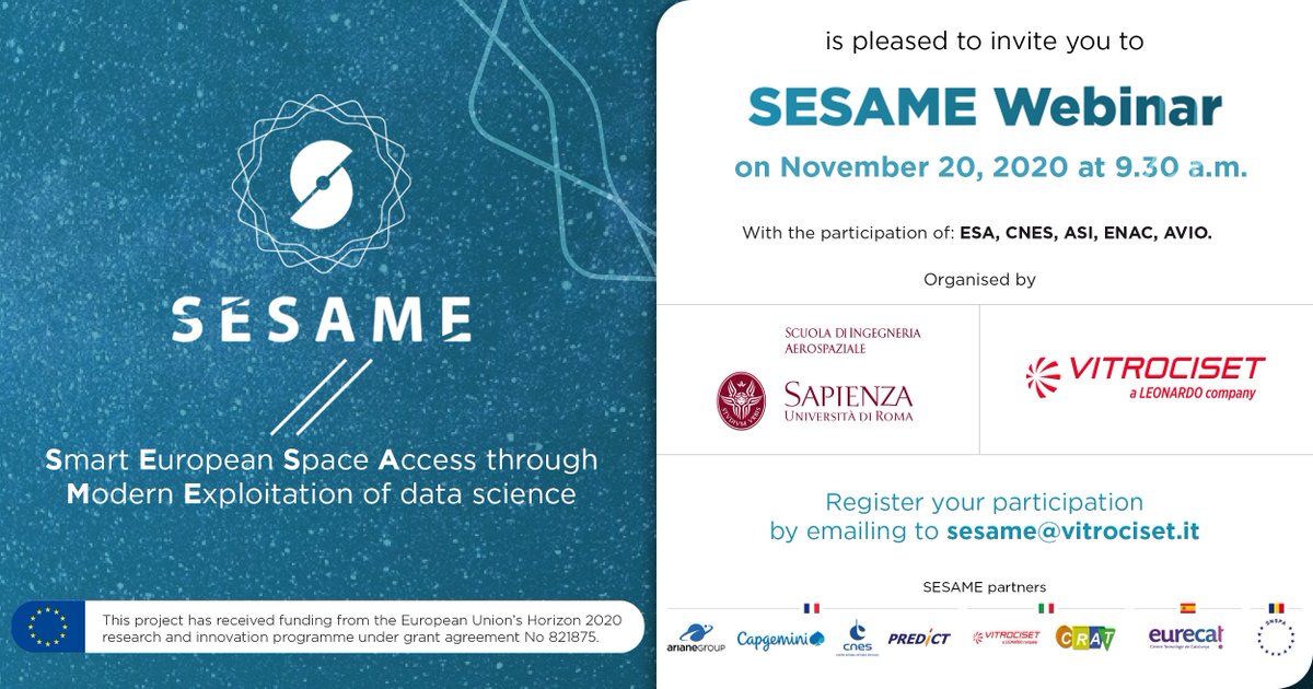 Vitrociset's tweet photo. The #SESAME webinar will provide an outlook of the situation of #Space 4.0 themes and is organized by #Vitrociset and the #UniversitàLaSapienza of Rome, presenting the SESAME project and a round table among the European institutional and industrial Stakeholders of space sector. https://t.co/xOFieuhh8T