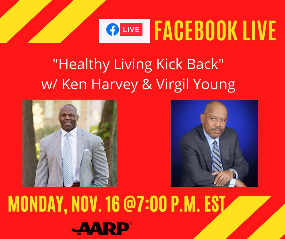 AARPDC's tweet photo. Join us TONIGHT from 7-7:30 as we continue in our healthy living "kick-back conversations" with former Washington Football Team's Ken Harvey as he shares tips on exercise and healthy eating with AARP DC's Virgil Young. Watch live at https://t.co/dO7CBgsqRk https://t.co/ek6IYmHt1h