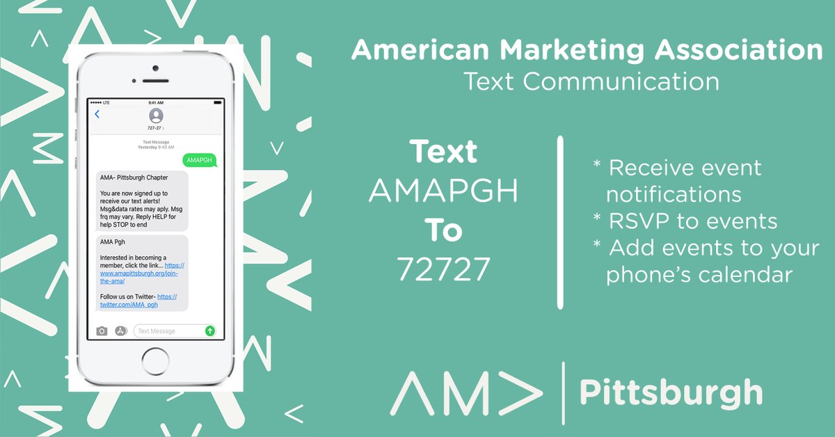 AMA_PGH's tweet photo. Sign up to receive text notifications from the AMA today! You'll received event notifications that will allow you to RSVP, and add events to your calendar right from the palm of your hand. 📱
#textmarketing #AMAPGH https://t.co/A5kG4u3OZq