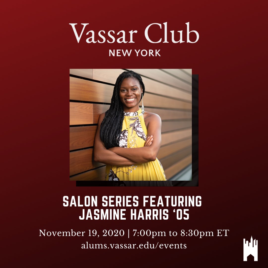 VassarClubNY's tweet photo. Join #VCNY Thursday night for our Salon Series w/ Jasmine Harris '05! @DrHarrisJay's research on race &amp; education has appeared in outlets including the Boston Globe, Chicago Tribune, Houston Chronicle, &amp; Philadelphia Inquirer.  Register now! https://t.co/Oh8N7cYBUJ @VassarAlums https://t.co/GmPyytKACc