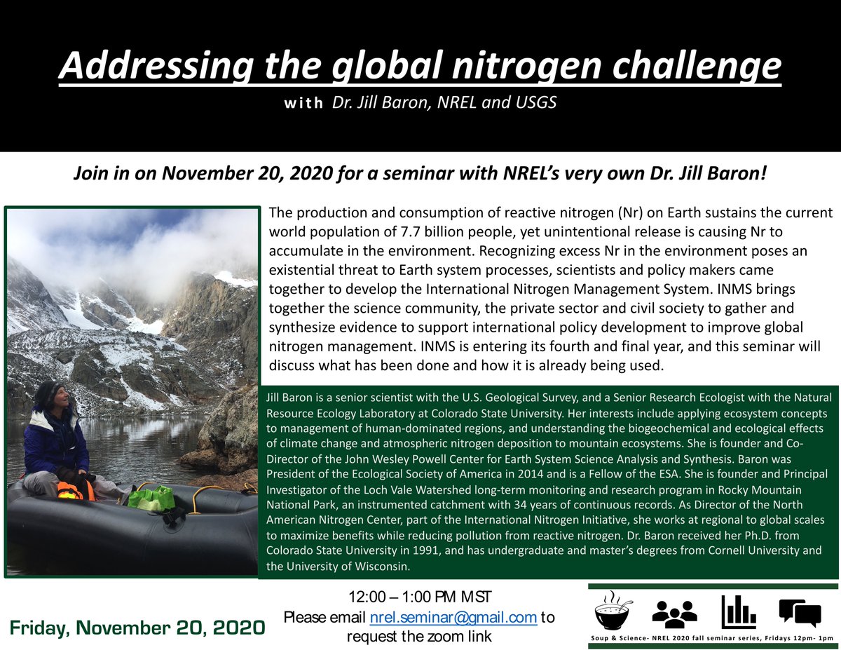 NREL EcoPress (@nrel_ecopress) on Twitter photo This Friday, Nov. 20 is our next Soup & Science Seminar feat. NRELâs very own <a href="/JillBaron4/">EcoJillBaron</a>! Dr. Baron will be giving a seminar titled: "Addressing the global nitrogen challenge" about N accumulation in the environment.
Please email nrel(dot)seminar(at)gmail(dot)com for the link! This Friday, Nov. 20 is our next Soup & Science Seminar feat. NRELâs very own <a href="/JillBaron4/">EcoJillBaron</a>! Dr. Baron will be giving a seminar titled: "Addressing the global nitrogen challenge" about N accumulation in the environment.
Please email nrel(dot)seminar(at)gmail(dot)com for the link!