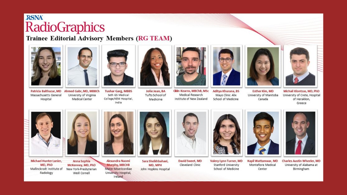 RadioGraphics's tweet photo. Please join us in welcoming the new @RadioGraphics Trainee Editorial Advisory Members (RG TEAM)! The RG TEAM will participate in the RadioGraphics mentored reviewer program and develop educational content devoted to trainees. #RadRes #RadEd https://t.co/2hYsLlk3vL