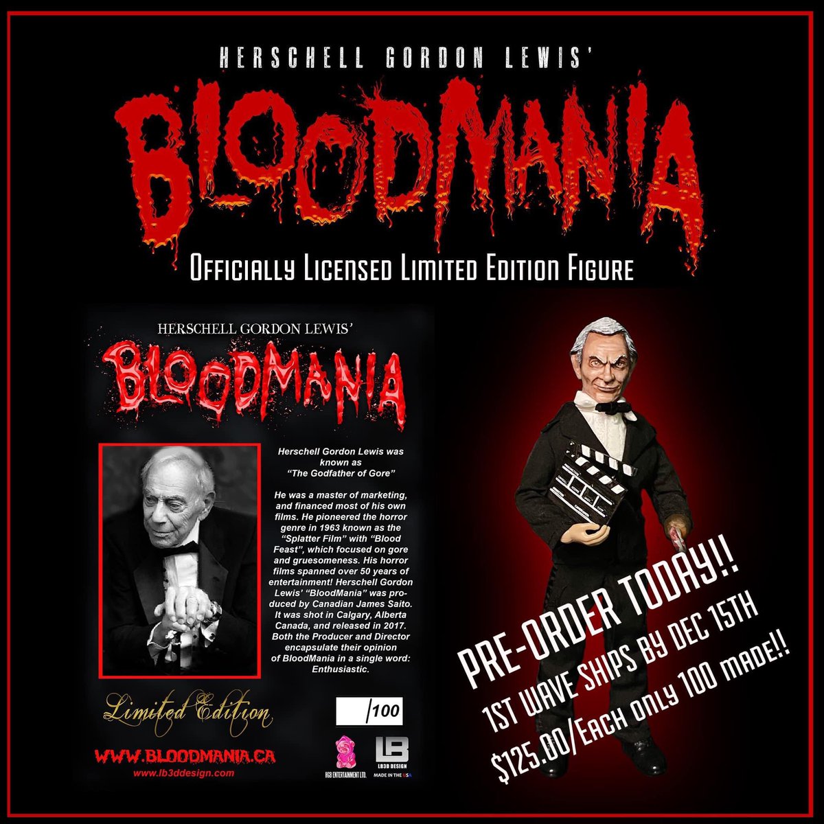 Now open for pre-Order!! “Godfather of Gore!” Herschell Gordon Lewis Limited Edition 8” Figure!! Only 100 will ever be made, each come in a custom numbered re-sealable clamshell, and include the clapboard accessory! Figures ship by Dec.15th, order now 

lb3ddesign.com/product-catego…