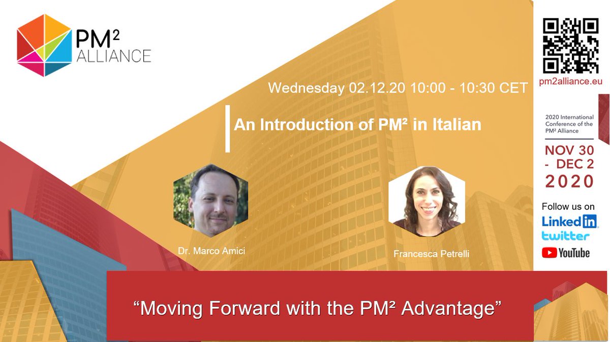PM2Alliance's tweet photo. Reserve your seat for the PM² Alliance 2020 International Conference and do not miss the chance to follow Dr Marco Amici and Ms Francesca Petrelli,   presentation on PM² in Italian.
#Open #Free #Online Register: https://t.co/VlHWWlrIIQ
🗓 02/12/2020🕧 10:00- 10:30
#pm2 https://t.co/2PTSCmOAxF