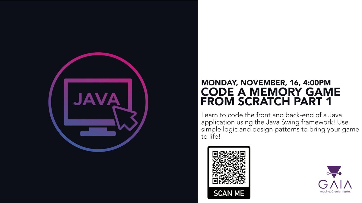UTEPGAIA's tweet photo. TODAY!
Create a game and learn Java in the process! No experience necessary. 
Scan the QR code to register! https://t.co/dp3tqOnzqK